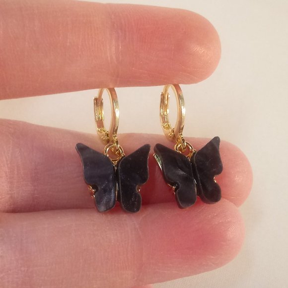 Gold Plated Black Opal Resin Butterfly Earrings Pendant Necklace Set 18" Gift - Picture 4 of 4